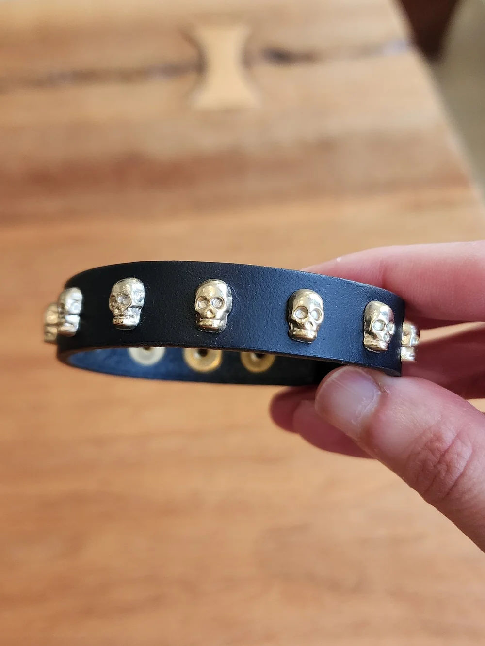 Malababa Black Leather Gold Skull Stud Cuff Bracelet